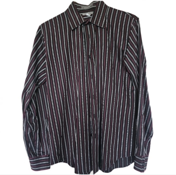 Vintage Mens Long Sleeved red black striped button down dress shirt - Picture 1 of 4